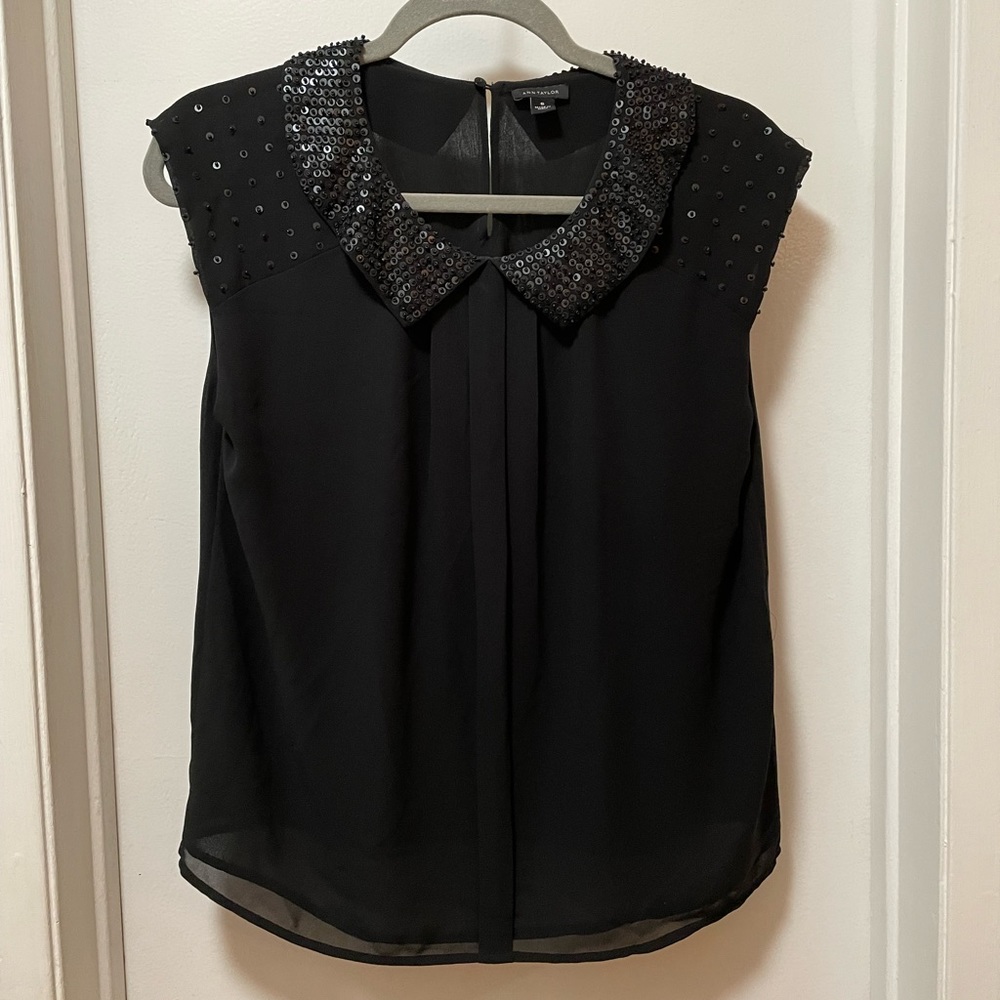 *on hold* Ann Taylor Black Sequin Beaded Collar Blouse - Picture 1 of 12